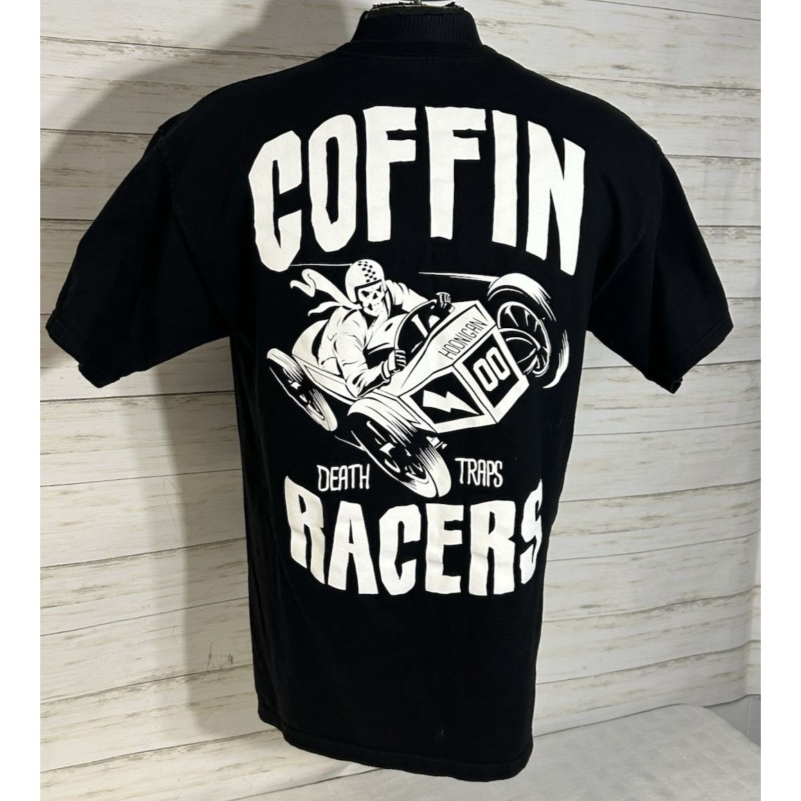 Hoonigan Coffin Racers Black White T-Shirt Size Large Mens Racing Skull Tee